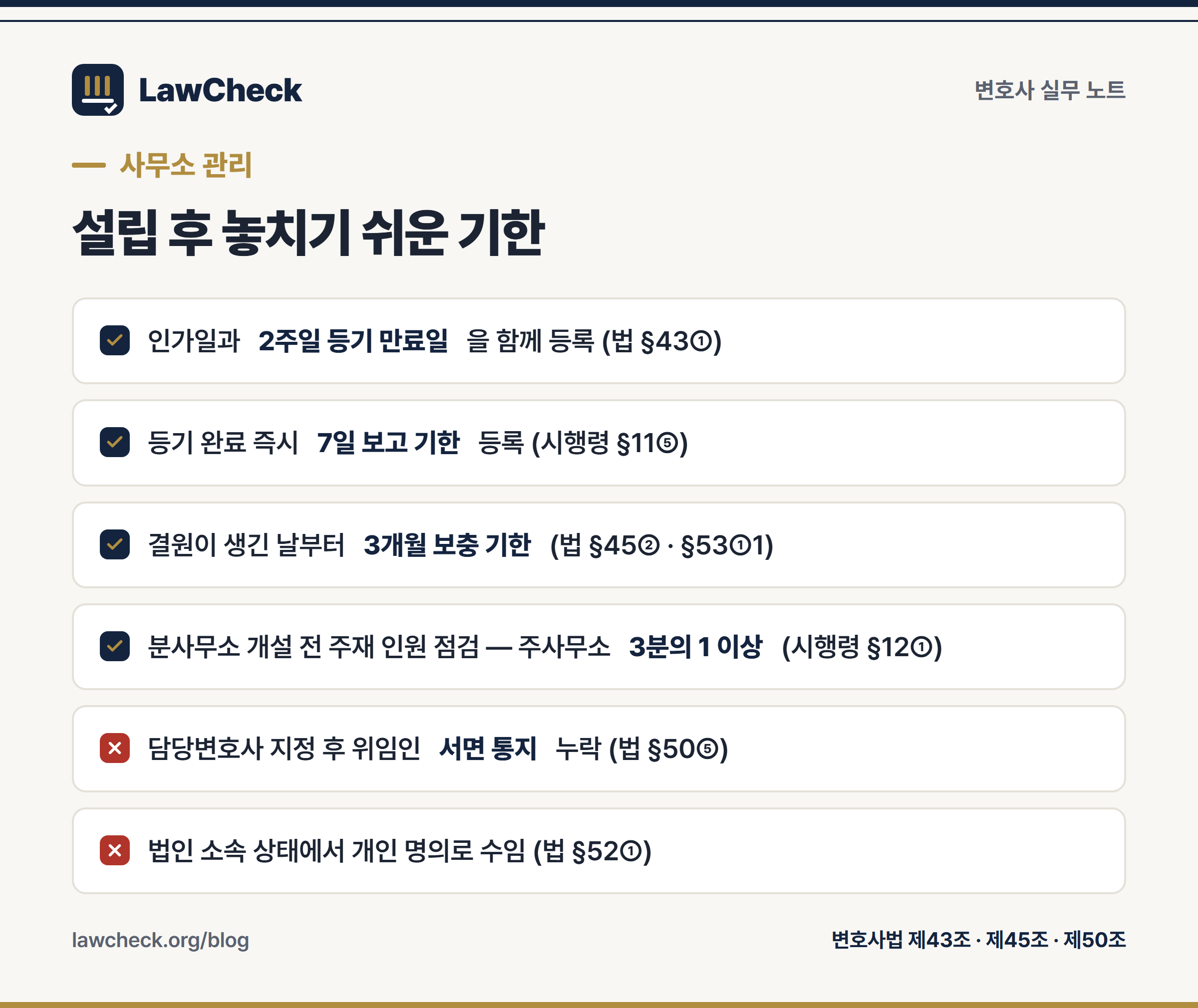 법무법인 설립·운영 체크리스트 — 인가 후 2주 등기, 등기 후 7일 보고, 결원 3개월, 담당변호사 통지