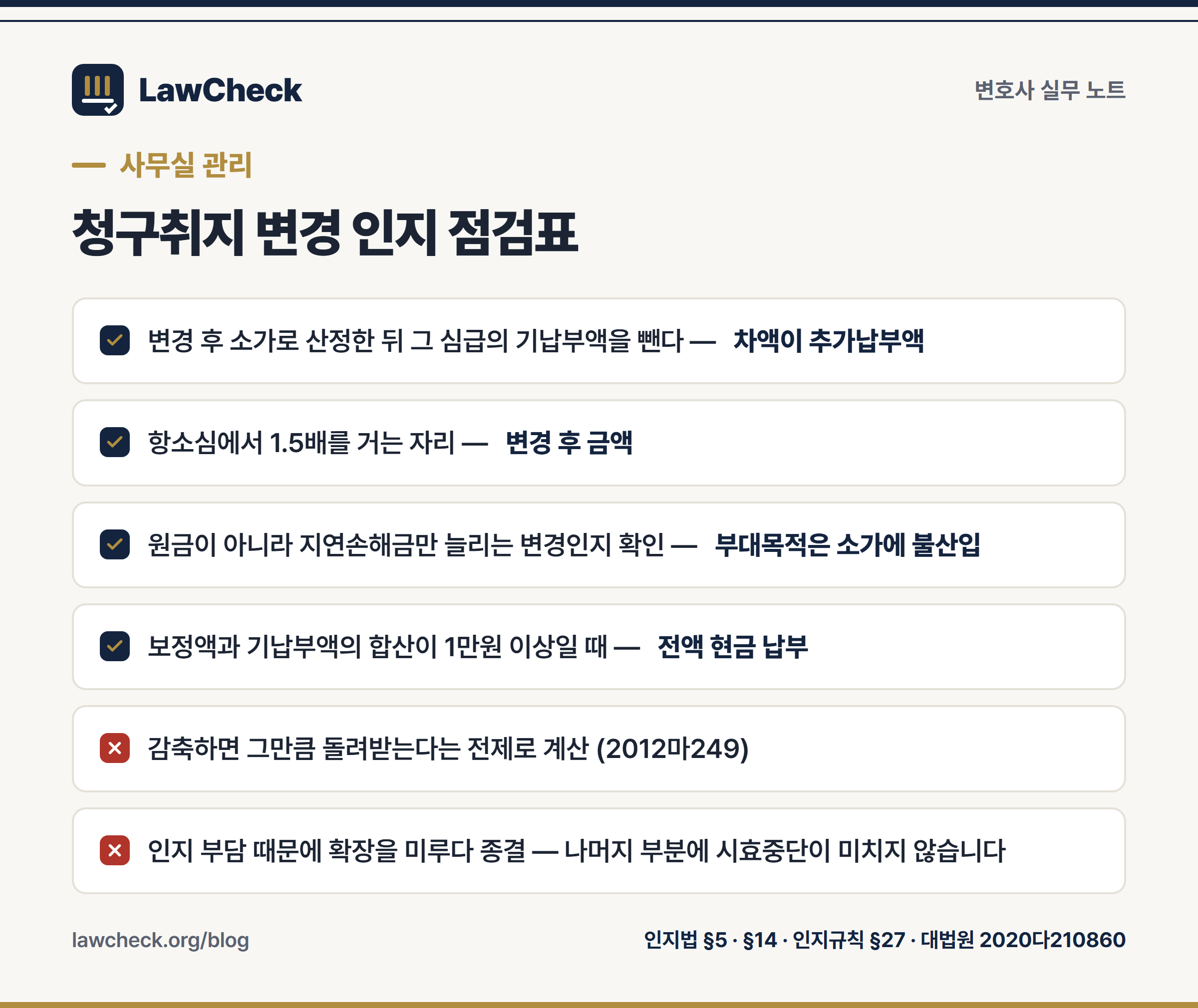 청구취지 변경 인지대 관리에서 사고가 나는 지점 점검표