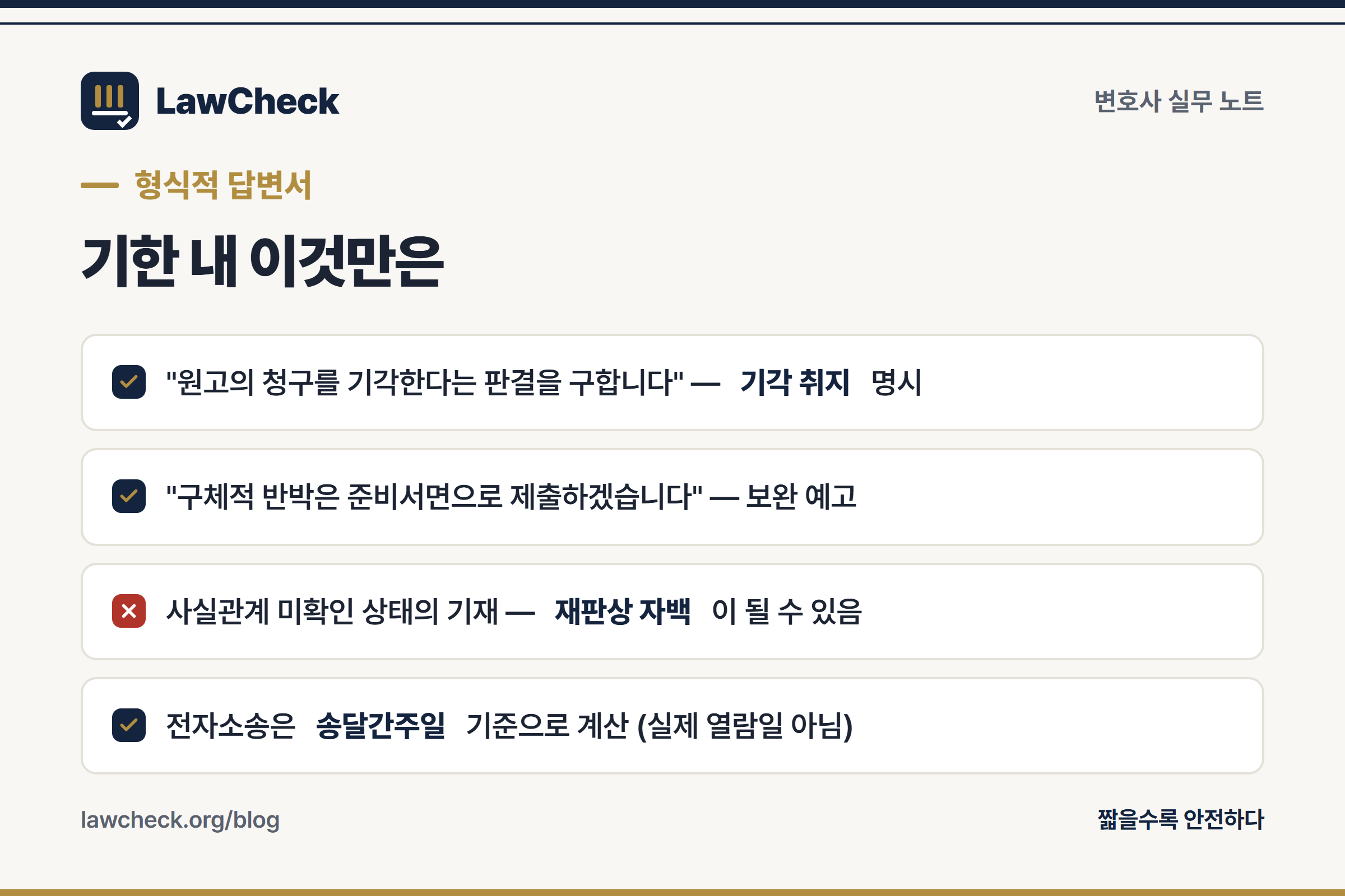 형식적 답변서 체크리스트 — 기각 취지 명시, 준비서면 예고, 자백 위험 기재 금지
