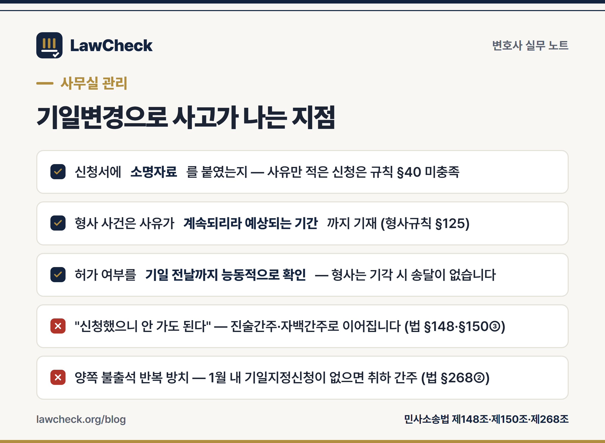기일변경신청 사고가 나는 지점 — 소명자료 누락·결과 미확인·불출석 체크리스트