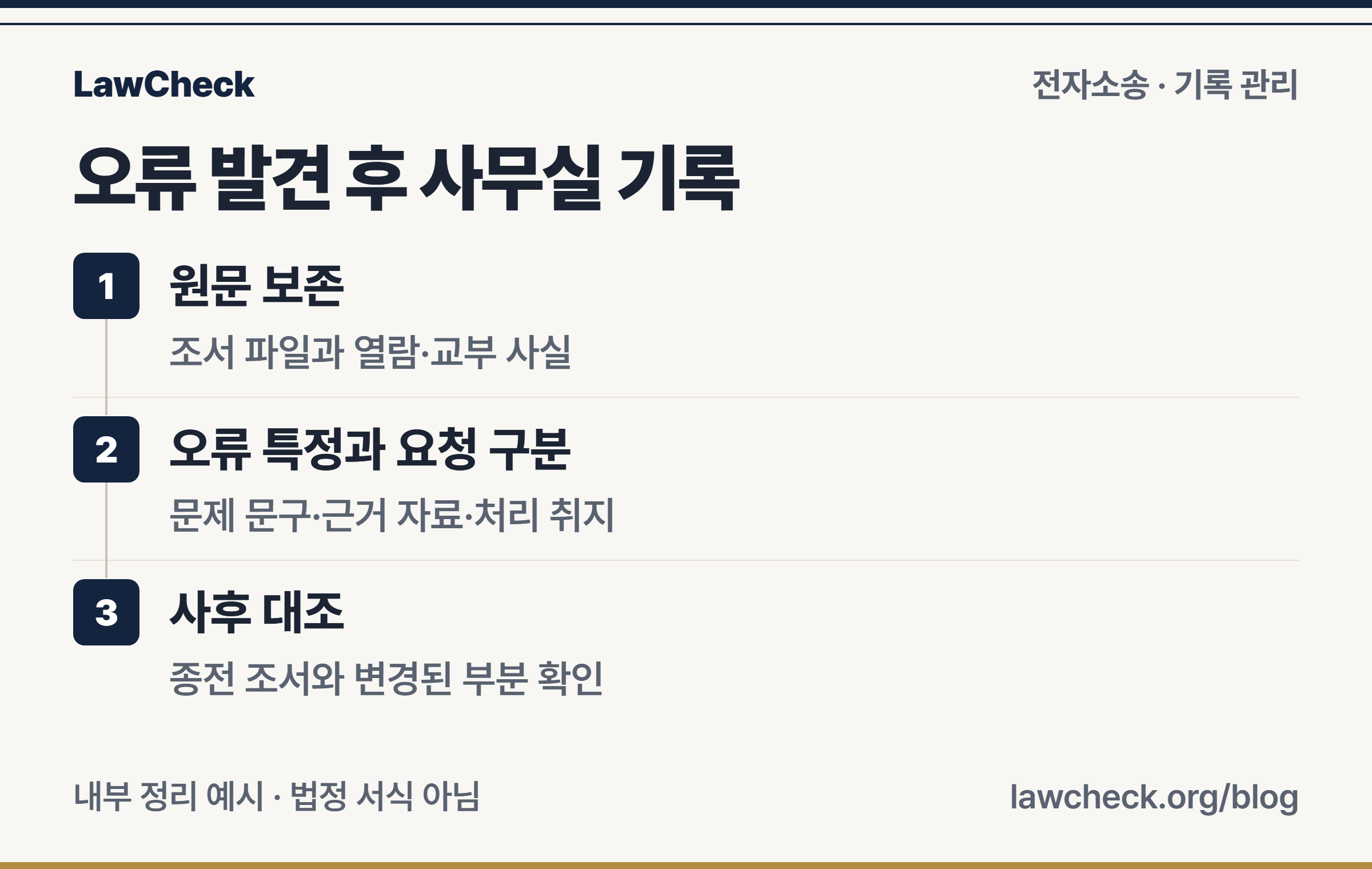 변론조서 오류를 발견했을 때 원문 보존, 오류 특정, 요청 구분, 사후 대조를 기록하는 체크표